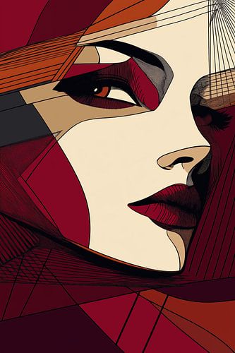 Mysteriöse Frau in geometrischen Formen und tiefroten Farbtönen