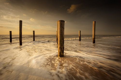 Palendorp Petten in de zee tijdens zonsondergang