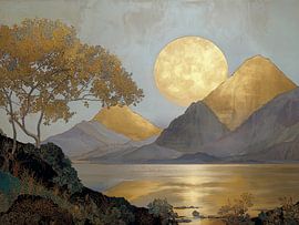 Landschaft mit goldenem Mond über den Bergen