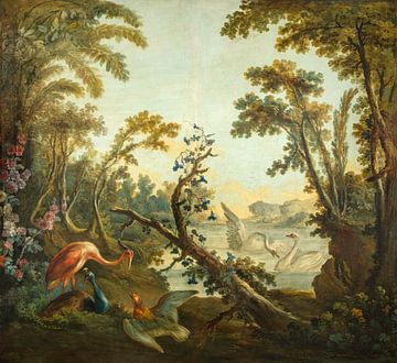 Meer met zwanen, een flamingo en diverse vogels, Jean-Baptiste Huet