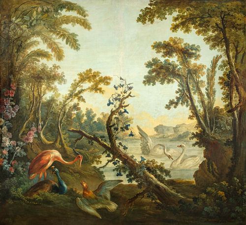 Lake with swans, a flamingo and various birds, Jean-Baptiste Huet