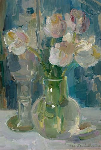 Lichtlila tulpen in een glazen kan, Floris Verster