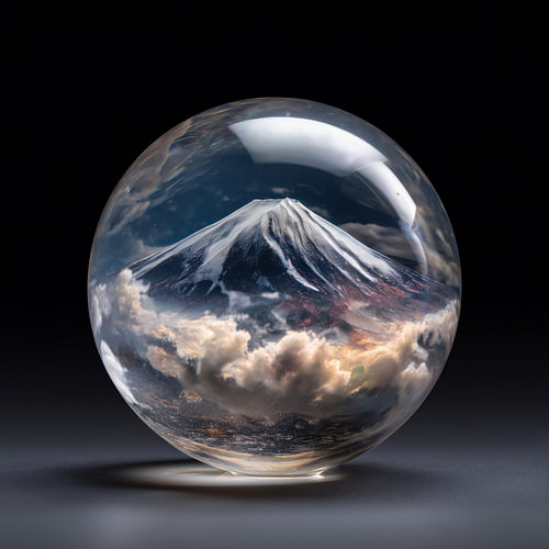 Berg Fuji en wolken in glazen bol