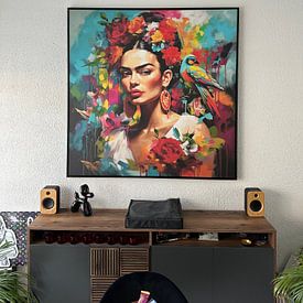 Kundenfoto: Frida Farbkleckse in Blumen und Vogel von Bianca ter Riet, auf leinwand
