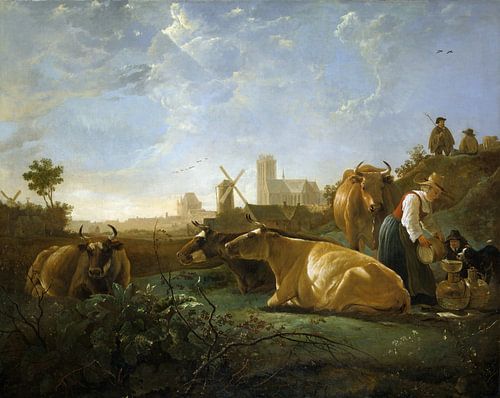 Aelbert Cuyp, Een vergezicht van Dordrecht, met een melkmeisje en vier koeien en andere figuren - 16