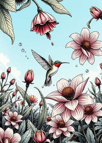 Illustratie van kolibrie en bloemen