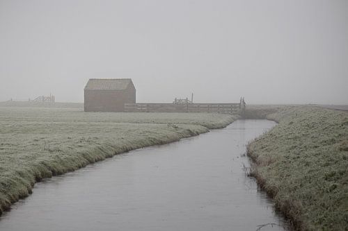 Oud schuurtje aan de dijk in mist gehuld