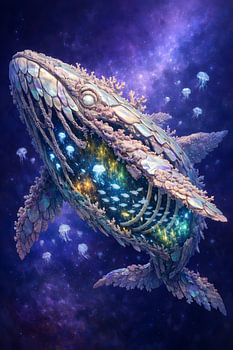 Kosmische ruimte, walvis, koraal, sterrenstelsel – dromerige, surrealistische fantasiekunst