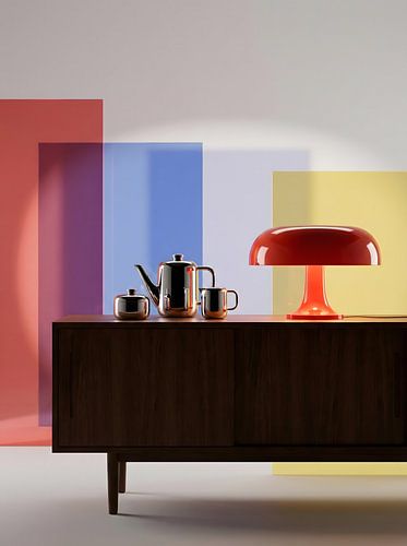 Stijlvolle retro koffieset en rode lamp op een houten dressoir
