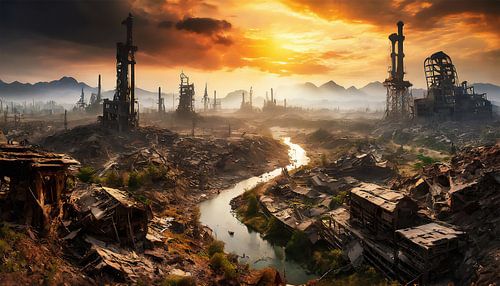 Paysage post-apocalyptique avec une ville détruite