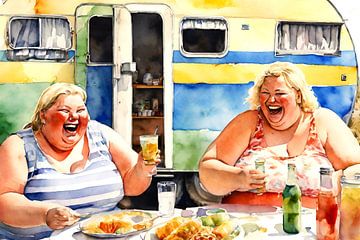 2 cosy ladies eating in front of the caravan by De gezellige Dames