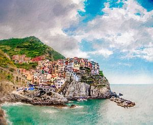 Manarola , Cinque Terre, Italy. Digitaal schilderij. van Hille Bouma