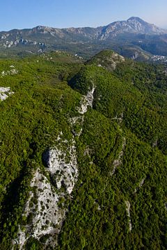 bergklif tussen het bos. vlieg over hem heen. landschap beneden (luchtfoto van een paraglider) met g van Michael Semenov