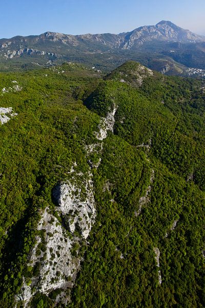 mountain cliff among the forest. fly over him. landscape below (aerial photo from a paraglider) with by Michael Semenov