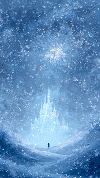 Eisschloss im fallenden Schnee und funkelndem Licht