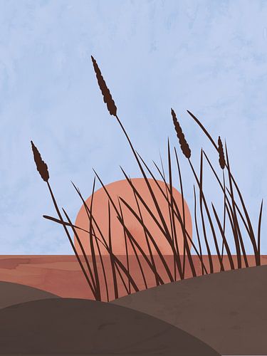 Minimalistisch zeegezicht met duinen bij zonsondergang