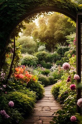 Kleurrijke tuin met stenen pad