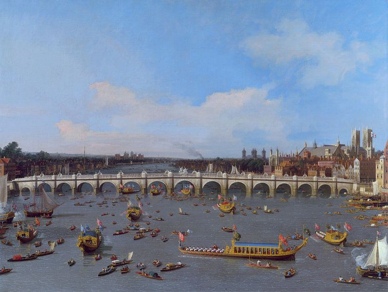 Westminster Bridge mit der Prozession des Bürgermeisters auf der Themse, Canaletto von Meisterhafte Meister