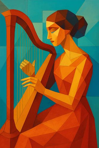 Geometrische illustratie van een vrouw die harp speelt.
