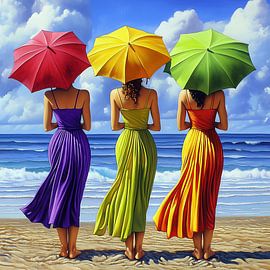 Women with umbrellas on the beach in red, yellow, green