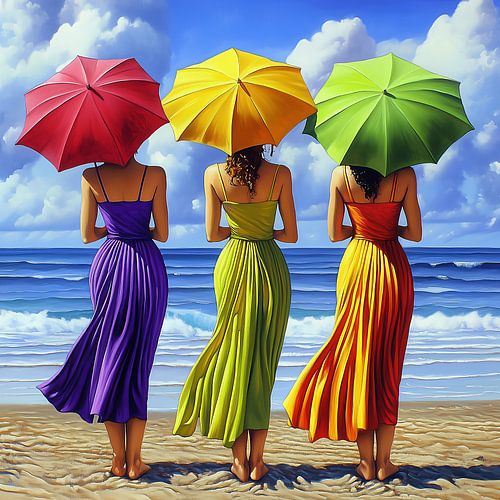 Vrouwen met parasols op het strand in rood, geel, groen