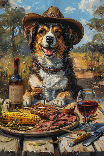 An Australian Shepherd with a steak in the Australian Outback