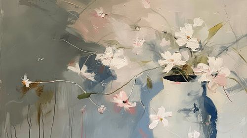 Nature morte abstraite avec des fleurs aux couleurs pastel, style Japandi