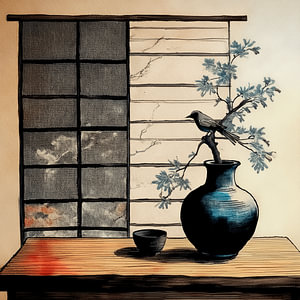 Wabi-Sabi-Stillleben: Japanische Vase mit Vogel und Blütenzweig