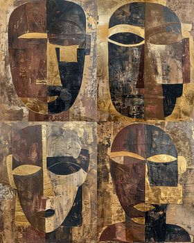 Vierluik Abstract Tribal Masks in Goud en Aardse Tinten