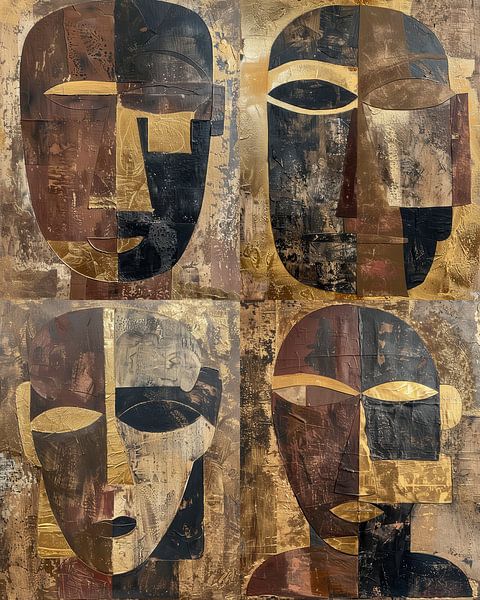 Quadruple Abstract Tribal Masks in Gold and Earth tones by Digatelier