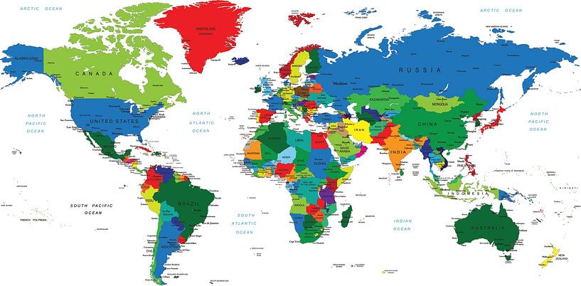 Wereldkaart in kleur landen van Atelier Liesjes op canvas, behang en meer
