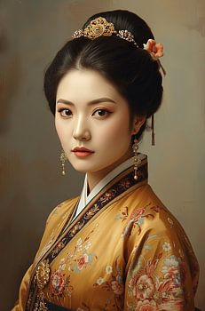 Originele Chinese vrouw in traditionele kleding en juwelen uit de 18de eeuw.
