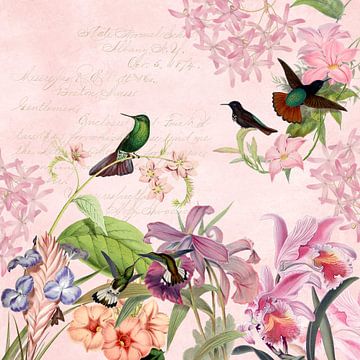 Tropische vogels in de roze bloemenjungle van Floral Abstractions