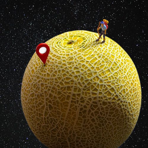 Black. A miniature fugu figure travelling on a melon, like 'de maan".