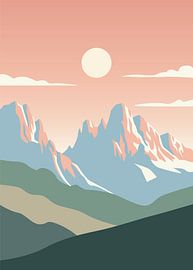 Minimalistische, flache Vektorillustration majestätischer, zerklüfteter Berggipfel unter einer warm leuchtenden Sonne.