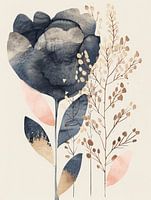 Botanical watercolour in pink, blue and gold