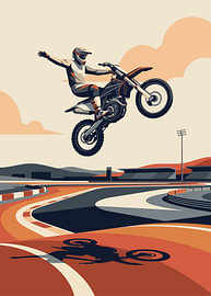 Rider performs freestyle trick jump above colorful curved racetrack circuit by Adam Khabibi