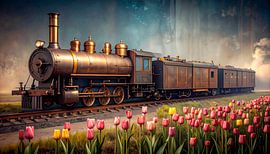 Oldtimer-Zug zwischen Tulpen...