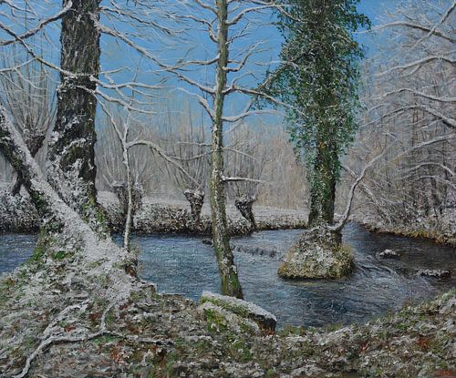 Eine stimmungsvolle Winterlandschaft an der Geul mit Schnee und sanftem Licht – ein beruhigendes Gemälde