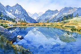 Serene Mountain Lakes with Reflections in Watercolour by Imperial Art House