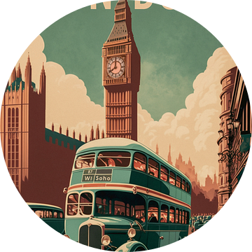 Londen, Vintage affiche van de Big Ben en Parliament van Roger VDB