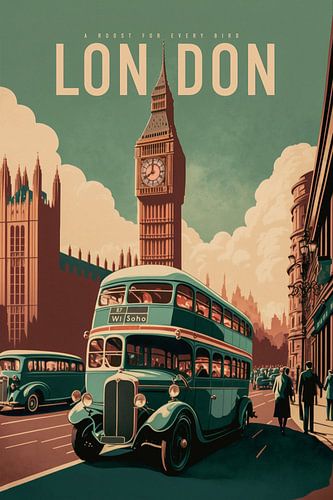 Londen, Vintage affiche van de Big Ben en Parliament van Roger VDB