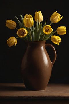 Vase brun avec tulipes jaunes sur De Muurdecoratie