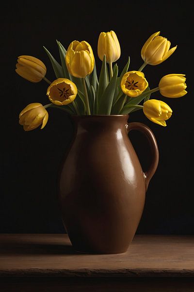 Bruine vaas met gele tulpen van Art & Soul Creations