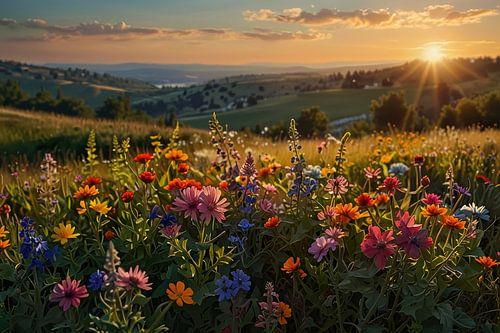 Schotse Highlands met wilde bloemen en Ruïne.
