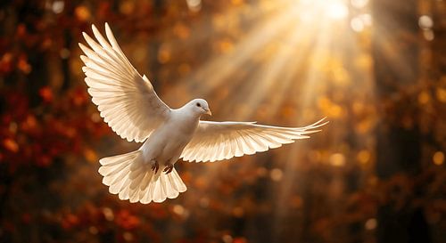Majestic white dove soaring through golden sunbeams by Transmutation Art