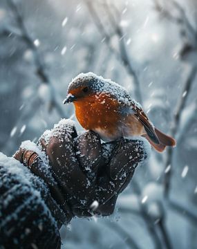 Zelfverzekerde vogel op je hand in de winter van fernlichtsicht