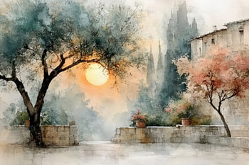 Aquarellgemälde – Sonniger Innenhof bei Sonnenuntergang