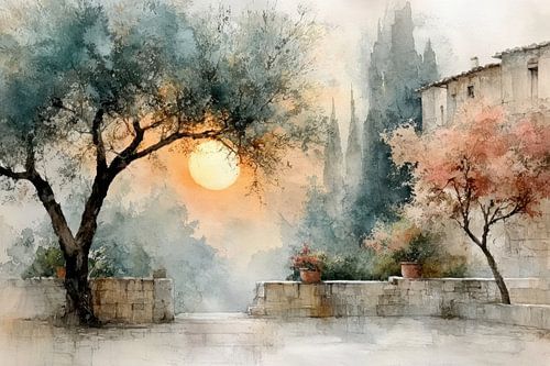 Watercolour Painting - Sunny Courtyard at Sunset by Peter Pen Drawings and Paintings