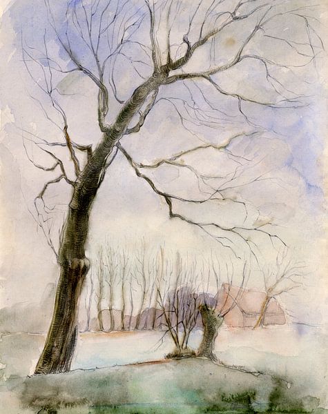 Winter landschap met bomen - Aquarel - Pieter Ringoot van Galerie Ringoot